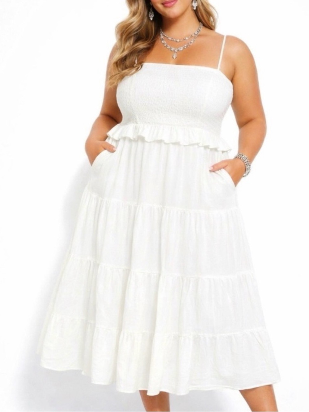 City Chic White Smocked Tiered Midi Dress